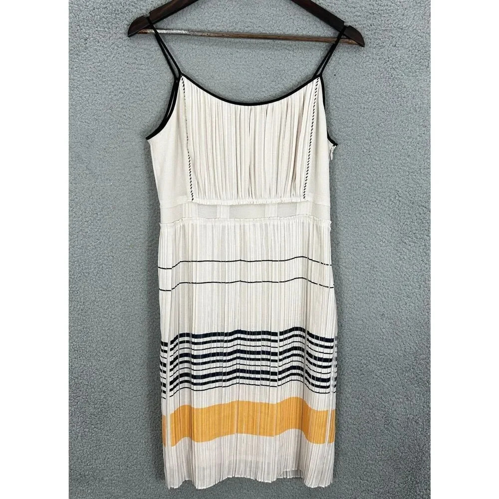 o'2nd barneys new york dress womens‎ 2 beige blue striped pleated sleeveless